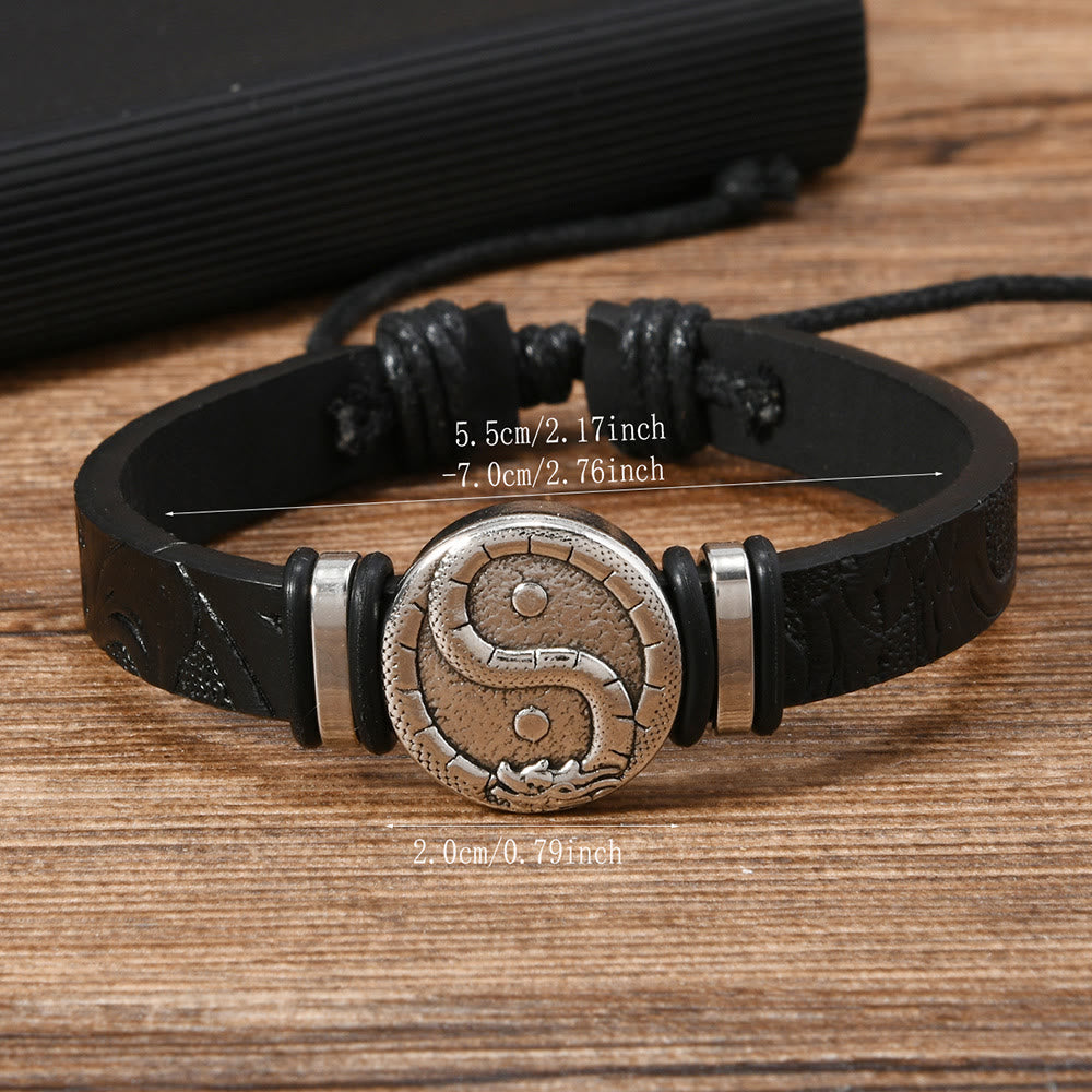 Nimara Ritual Round Engraved YIN YANG Dragon Leather Balance Bracelet