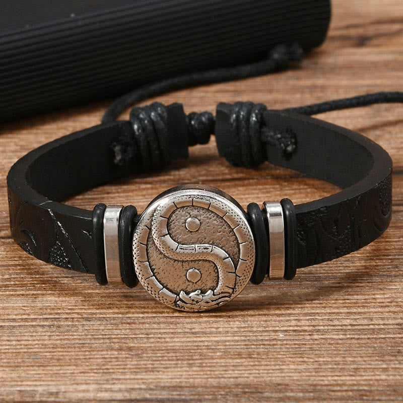 Nimara Ritual Round Engraved YIN YANG Dragon Leather Balance Bracelet