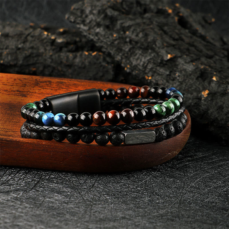 Nimara Ritual Tiger Eye Lava Rock Bead Braided Strength Leather Bracelet