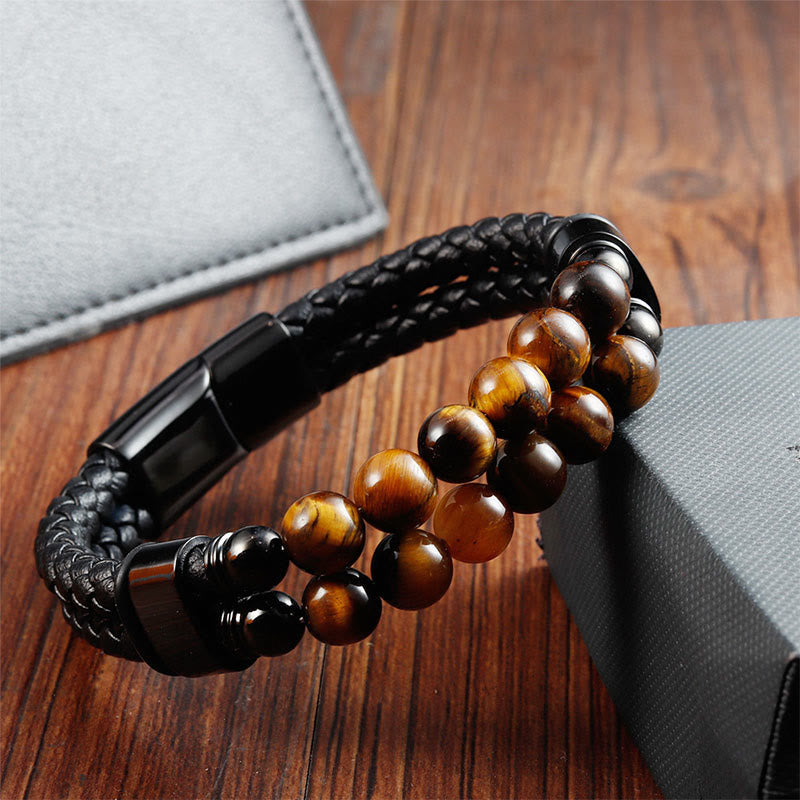 Nimara Ritual Tiger Eye Double Wrap Braided Leather Protection Bracelet