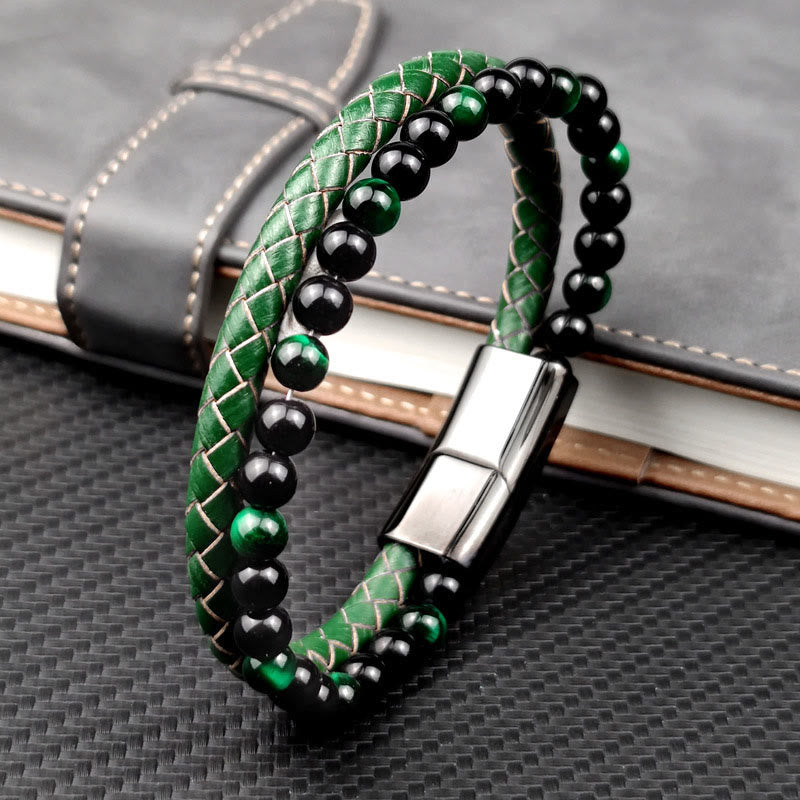 Nimara Ritual Green Tiger Eye Double Wrap Braided Leather Strength Bracelet