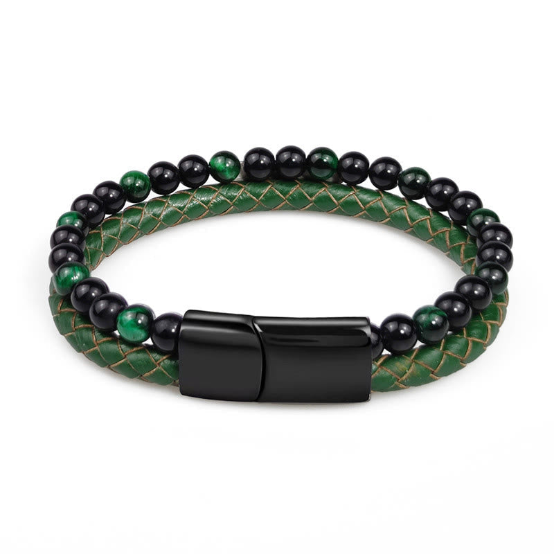 Nimara Ritual Green Tiger Eye Double Wrap Braided Leather Strength Bracelet
