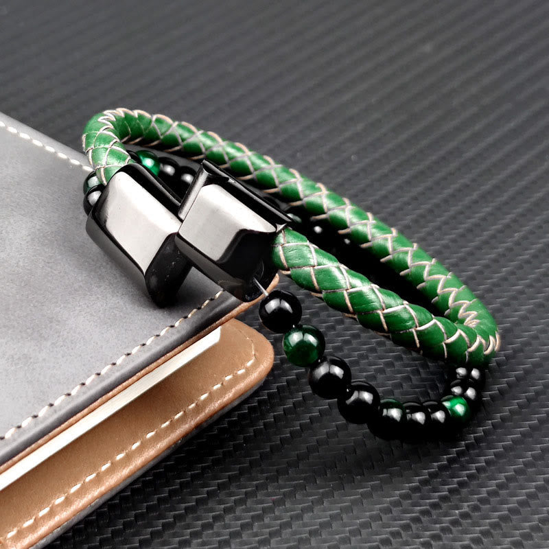 Nimara Ritual Green Tiger Eye Double Wrap Braided Leather Strength Bracelet
