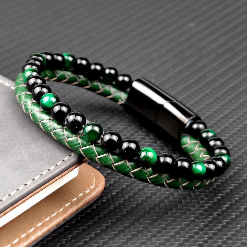 Nimara Ritual Green Tiger Eye Double Wrap Braided Leather Strength Bracelet