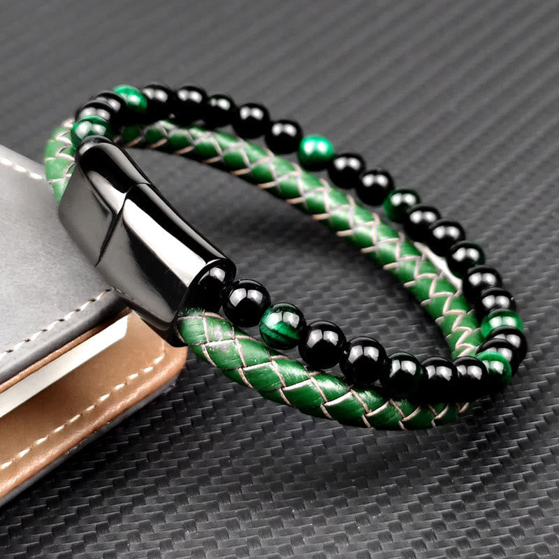 Nimara Ritual Green Tiger Eye Double Wrap Braided Leather Strength Bracelet