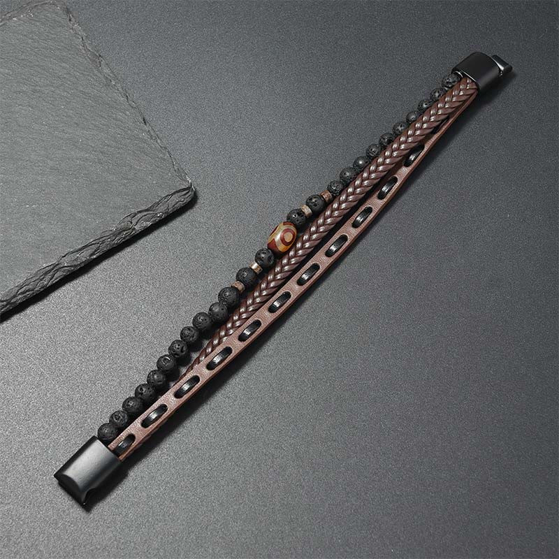 Nimara Ritual Dzi Bead Lava Rock Multilayered Braided Leather Wealth Bracelet