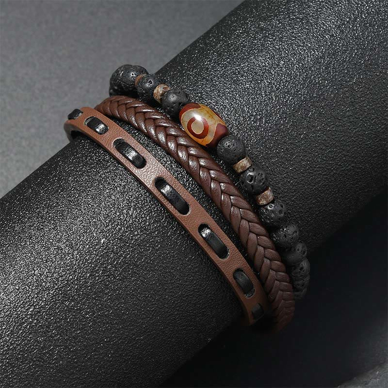 Nimara Ritual Dzi Bead Lava Rock Multilayered Braided Leather Wealth Bracelet