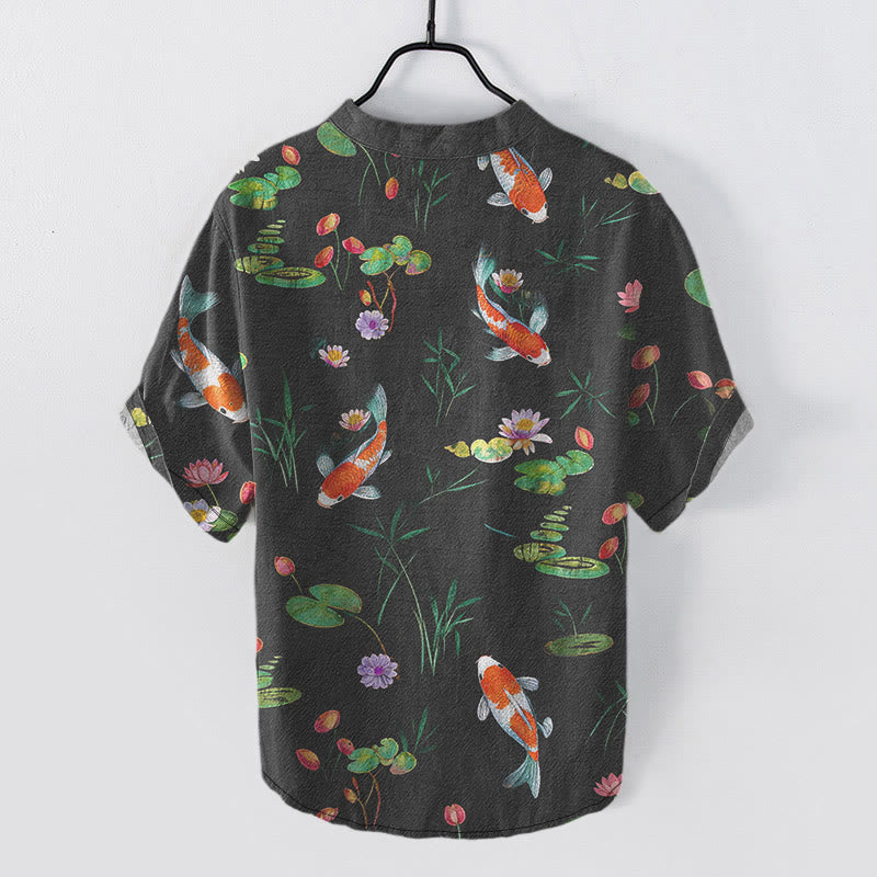 Nimara Ritual Cotton Koi Fish Lotus Pattern Men's Short Sleeve Half Button Shirt