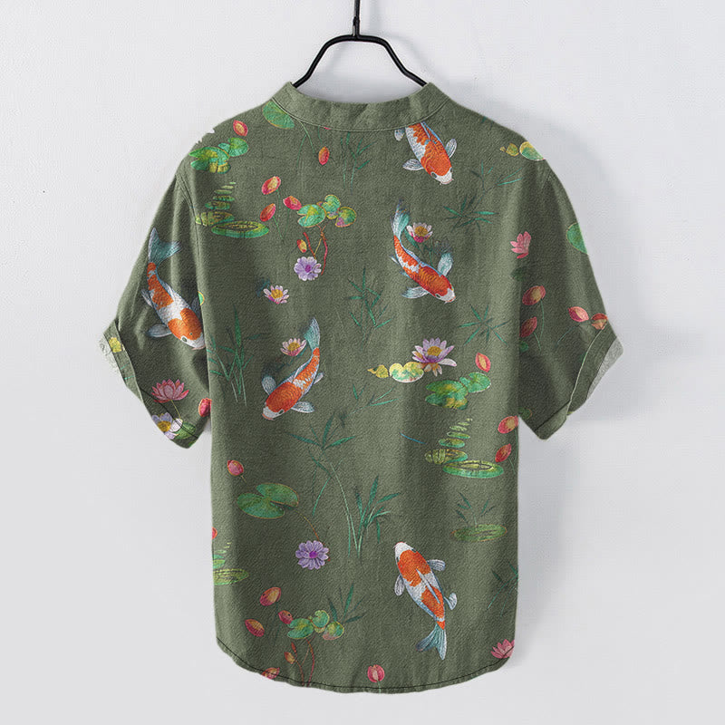 Nimara Ritual Cotton Koi Fish Lotus Pattern Men's Short Sleeve Half Button Shirt