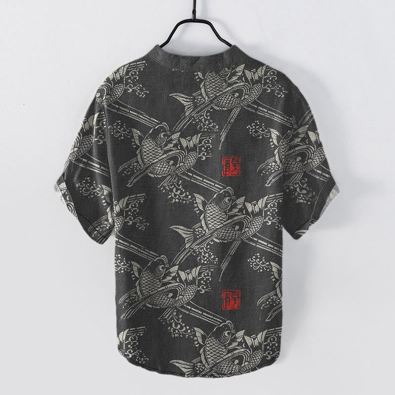 Nimara Ritual Cotton Koi Fish Bamboo Pattern Men's Short Sleeve Half Button Shirt