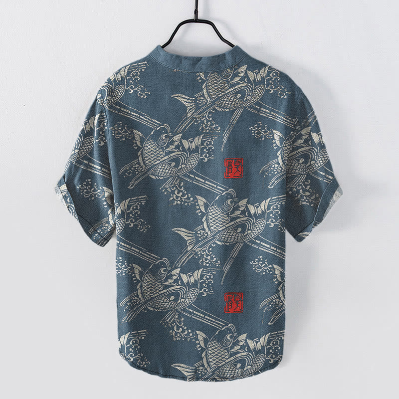 Nimara Ritual Cotton Koi Fish Bamboo Pattern Men's Short Sleeve Half Button Shirt
