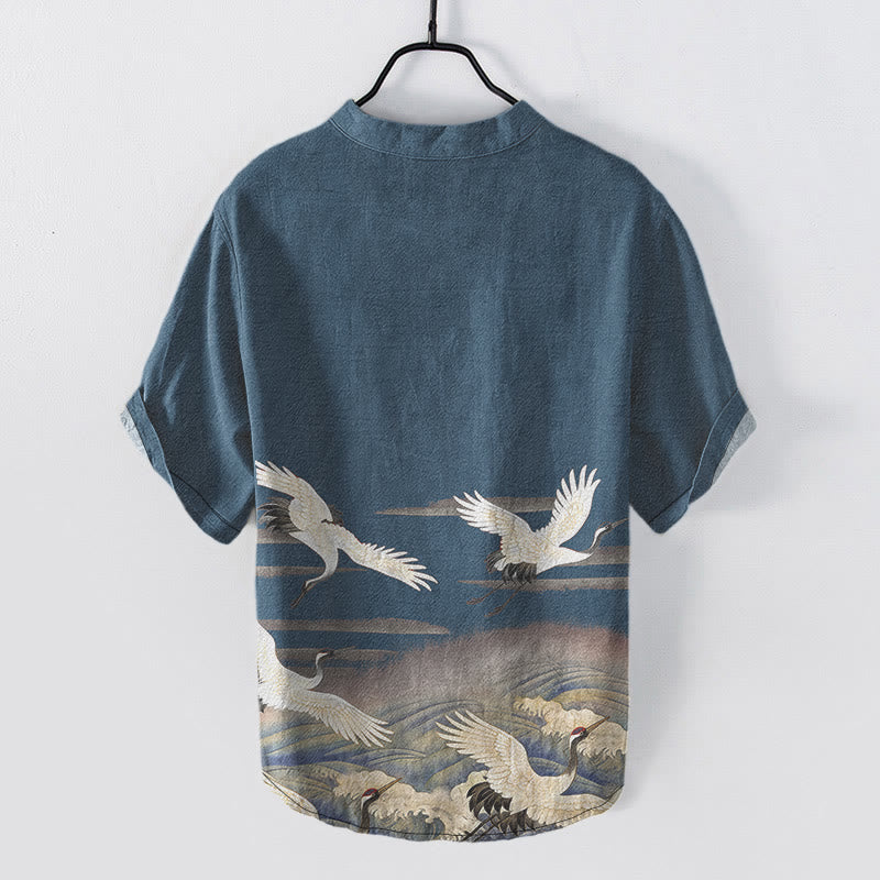 Nimara Ritual Cotton Crane Waves Pattern Men's Short Sleeve Half Button Shirt