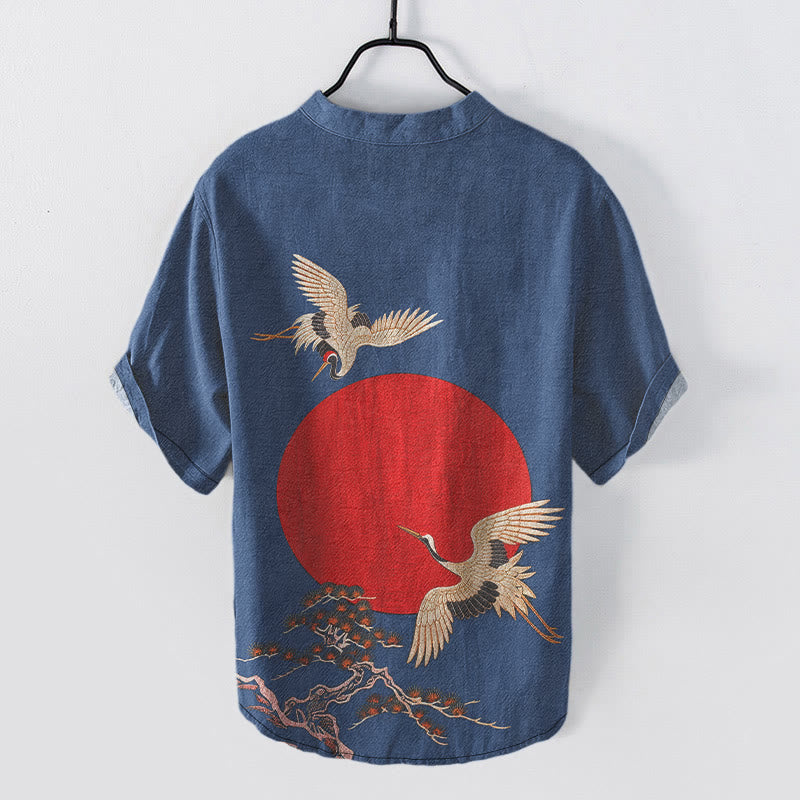Nimara Ritual Cotton Simple Crane Red Sun Pine Pattern Men's Short Sleeve Half Button Shirt