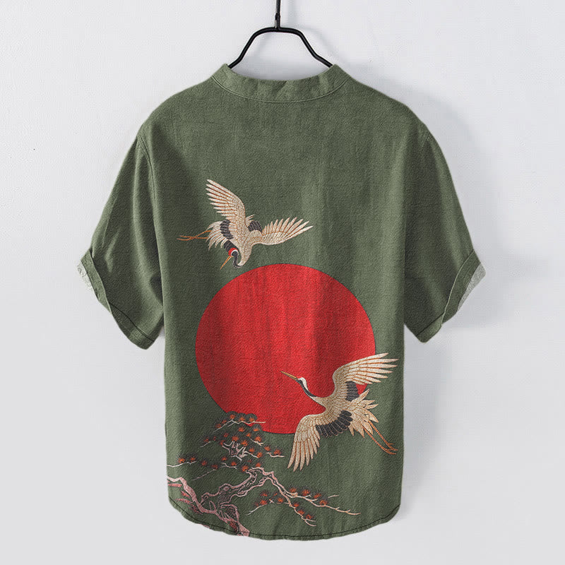 Nimara Ritual Cotton Simple Crane Red Sun Pine Pattern Men's Short Sleeve Half Button Shirt