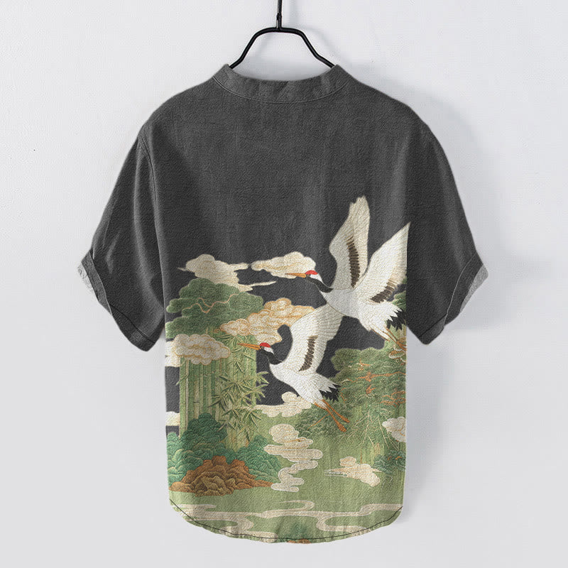 Nimara Ritual Cotton Crane Auspicious Clouds Landscapes Pattern Men's Short Sleeve Half Button Shirt