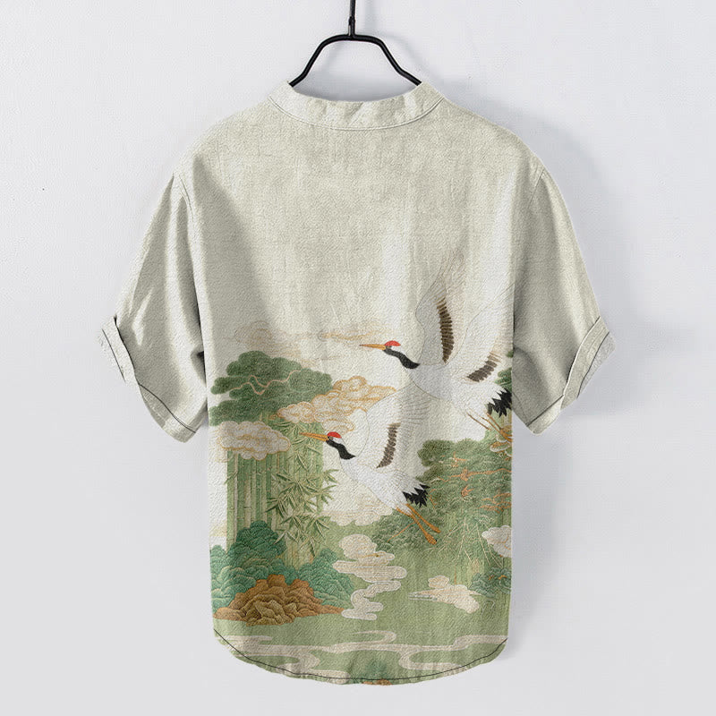 Nimara Ritual Cotton Crane Auspicious Clouds Landscapes Pattern Men's Short Sleeve Half Button Shirt