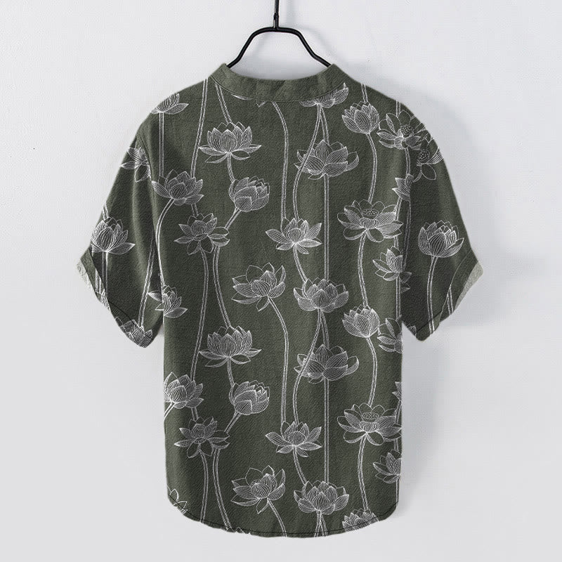 Nimara Ritual Cotton Harmonious Lotus Pattern Men's Short Sleeve Half Button Shirt
