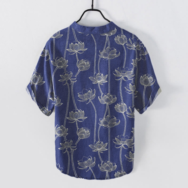 Nimara Ritual Cotton Harmonious Lotus Pattern Men's Short Sleeve Half Button Shirt