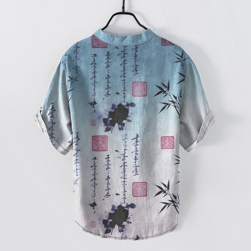 Nimara Ritual Cotton Gradient Calligraphy Bamboo Ink Painting Pattern Men's Short Sleeve Half Button Shirt