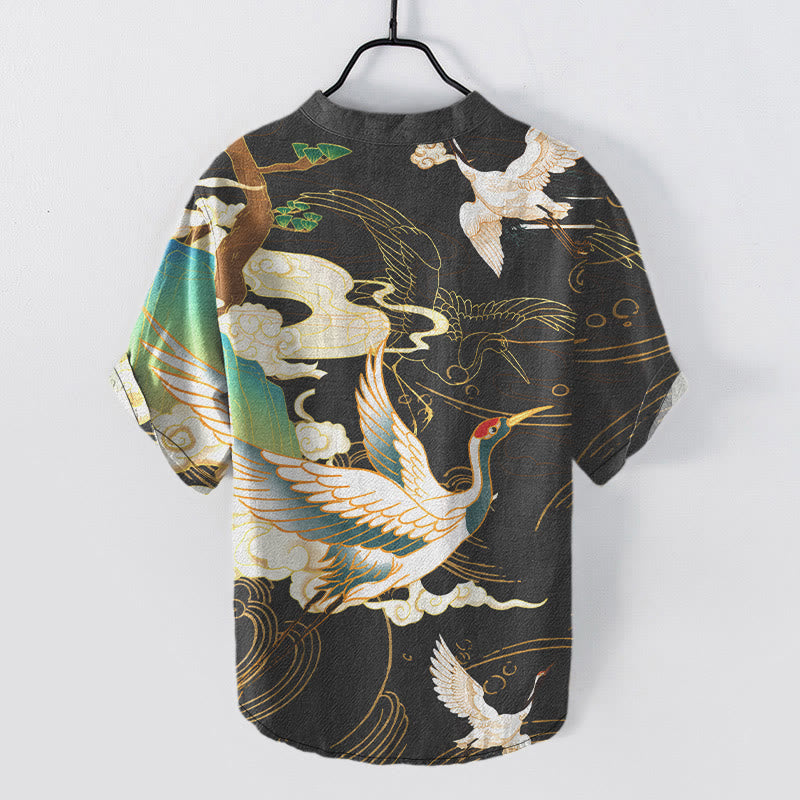 Nimara Ritual Cotton Crane Auspicious Clouds Pine Pattern Men's Short Sleeve Half Button Shirt