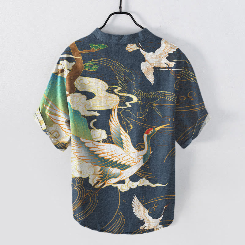 Nimara Ritual Cotton Crane Auspicious Clouds Pine Pattern Men's Short Sleeve Half Button Shirt