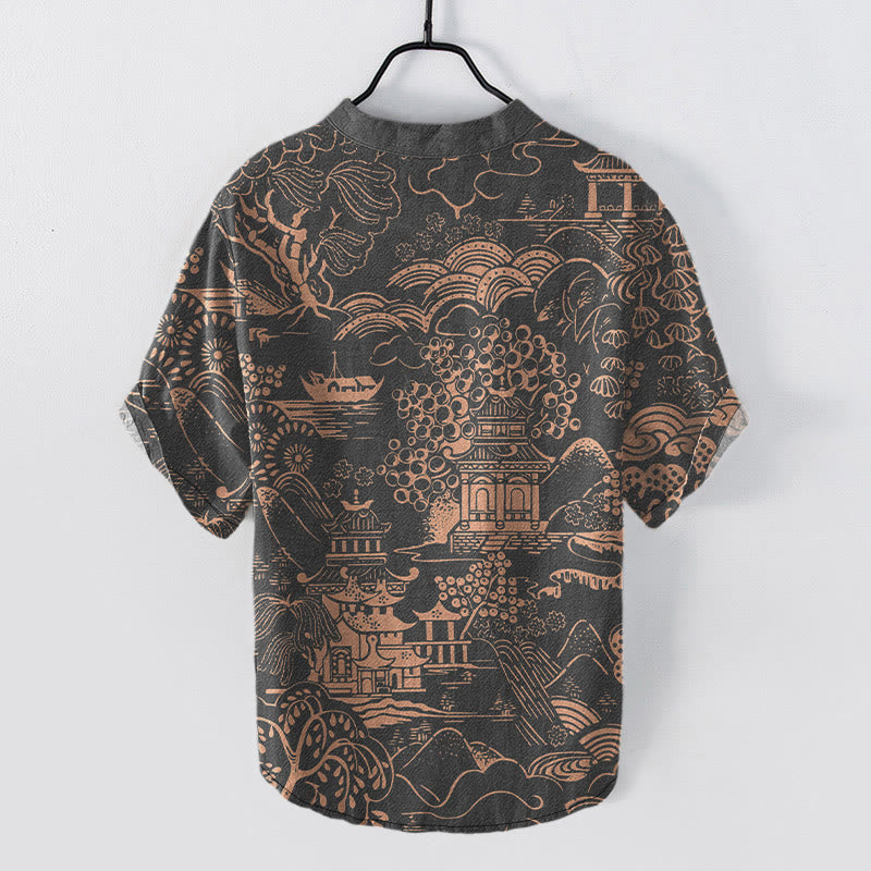 Nimara Ritual Cotton Nature Towers Landscape Pattern Men's Short Sleeve Half Button Shirt