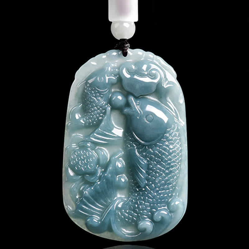 Nimara Ritual Natural Jade Carving Double Koi Fish Rope Prosperity Necklace Pendant