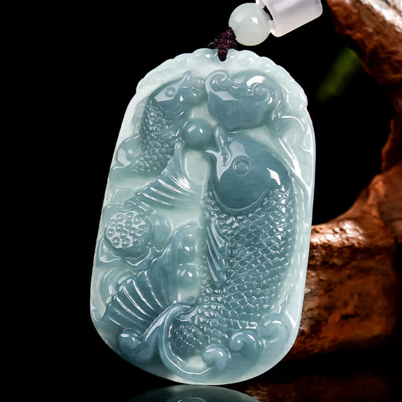 Nimara Ritual Natural Jade Carving Double Koi Fish Rope Prosperity Necklace Pendant