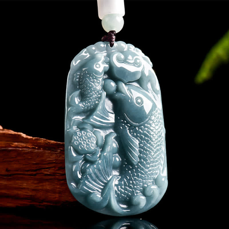 Nimara Ritual Natural Jade Carving Double Koi Fish Rope Prosperity Necklace Pendant