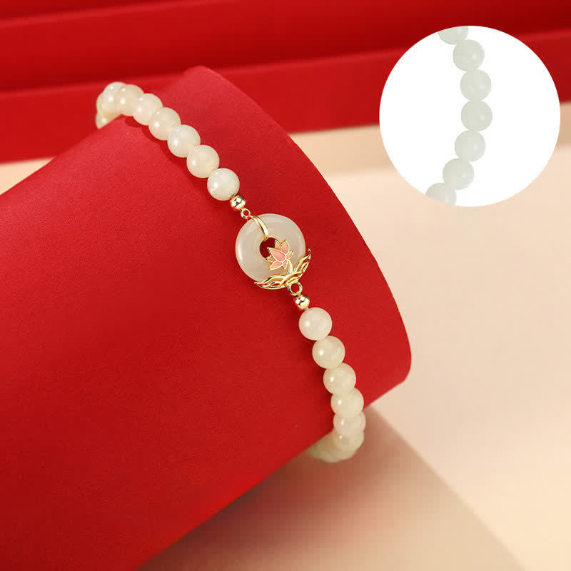 Nimara Ritual 925 Sterling Silver Hetian White Jade Lotus Symbol Peace Buckle Harmony Beaded Bracelet