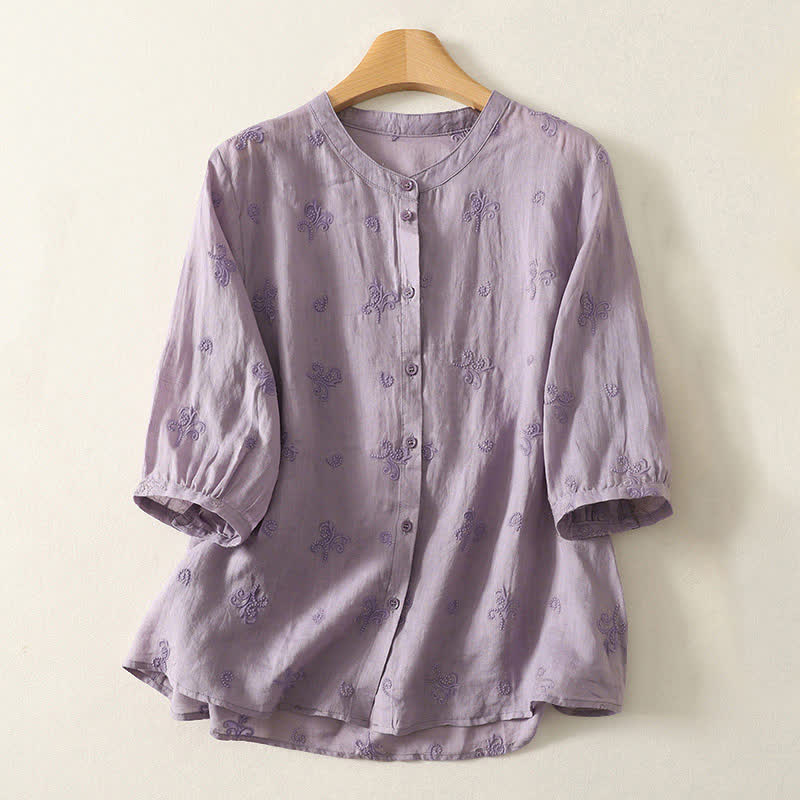 Nimara Ritual Retro Embroidered Floral Short Sleeve Women's Buttons Shirt