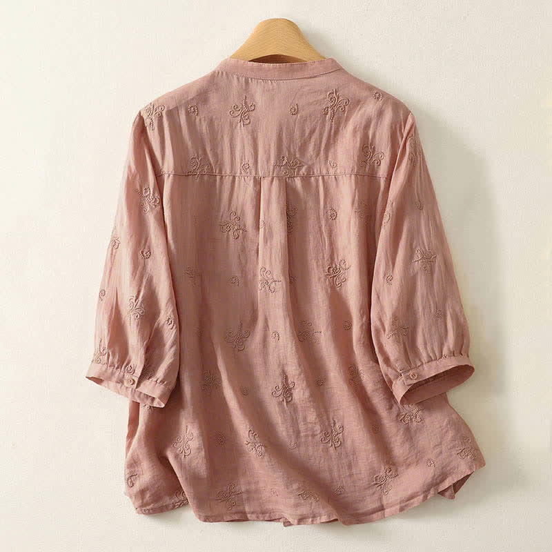 Nimara Ritual Retro Embroidered Floral Short Sleeve Women's Buttons Shirt
