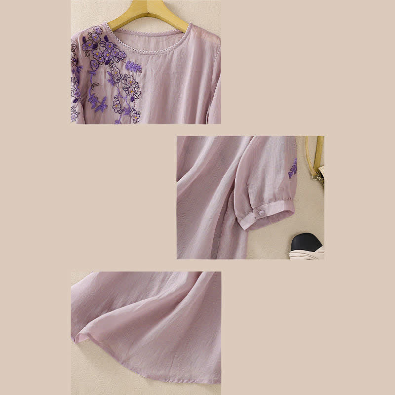 Nimara Ritual Retro Embroidery Floral Pattern Short Sleeve Crew Neck Women's Shirt