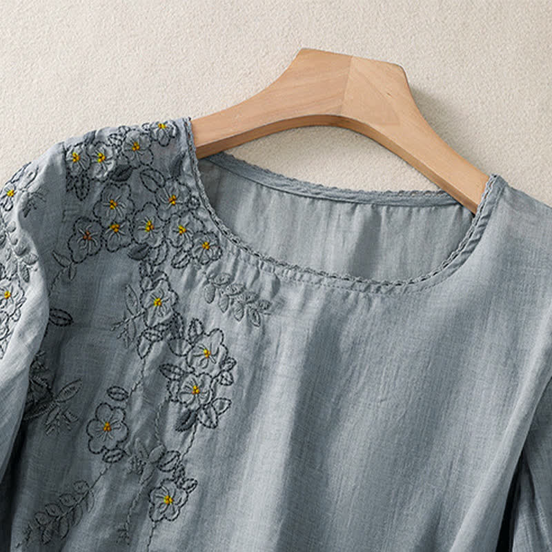 Nimara Ritual Retro Embroidery Floral Pattern Short Sleeve Crew Neck Women's Shirt