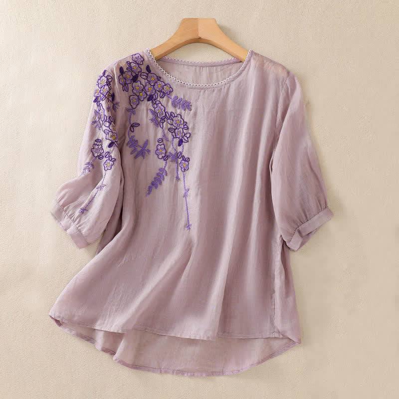 Nimara Ritual Retro Embroidery Floral Pattern Short Sleeve Crew Neck Women's Shirt