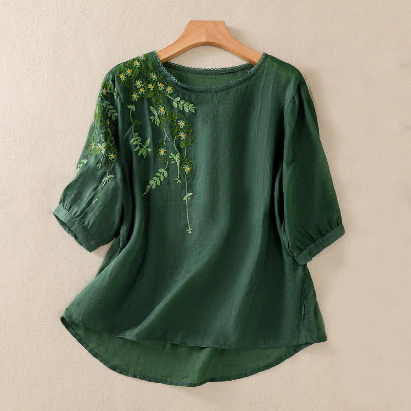 Nimara Ritual Retro Embroidery Floral Pattern Short Sleeve Crew Neck Women's Shirt