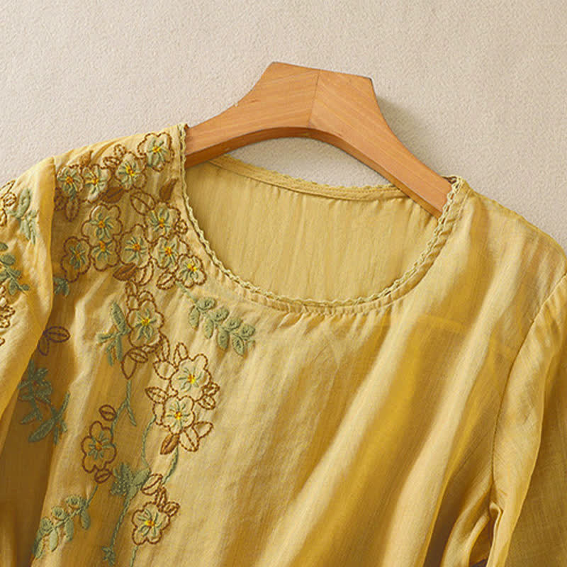 Nimara Ritual Retro Embroidery Floral Pattern Short Sleeve Crew Neck Women's Shirt