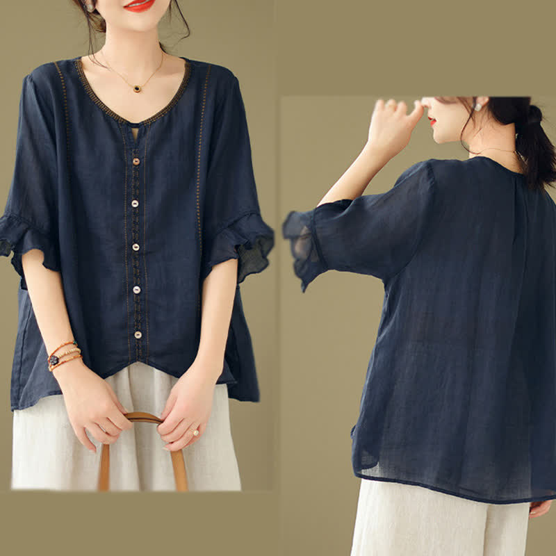 Nimara Ritual Embroidery Buttons Crew Neck Flared Short Sleeve Women's Shirt