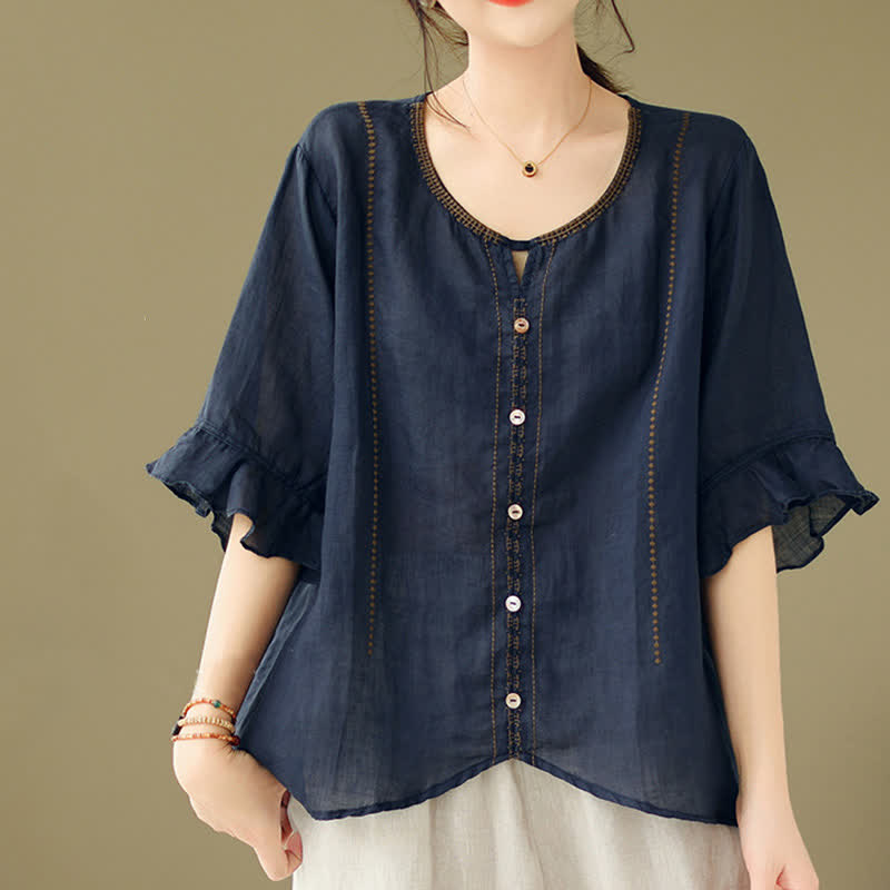 Nimara Ritual Embroidery Buttons Crew Neck Flared Short Sleeve Women's Shirt
