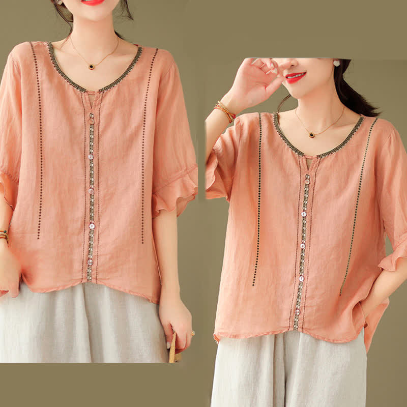 Nimara Ritual Embroidery Buttons Crew Neck Flared Short Sleeve Women's Shirt