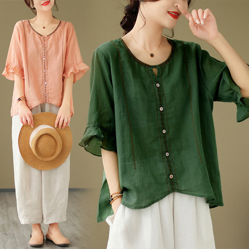 Nimara Ritual Embroidery Buttons Crew Neck Flared Short Sleeve Women's Shirt