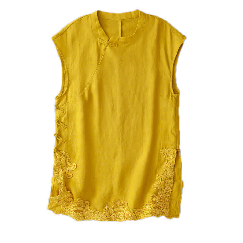 Nimara Ritual Chinese Frog-Button Lace Patchwork Design Stand Collar Women's Cotton Sleeveless Vest