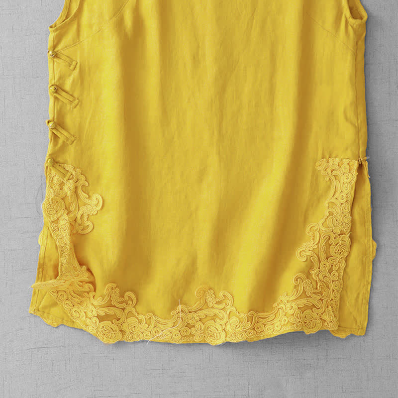 Nimara Ritual Chinese Frog-Button Lace Patchwork Design Stand Collar Women's Cotton Sleeveless Vest
