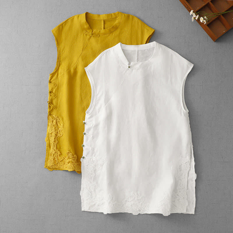 Nimara Ritual Chinese Frog-Button Lace Patchwork Design Stand Collar Women's Cotton Sleeveless Vest
