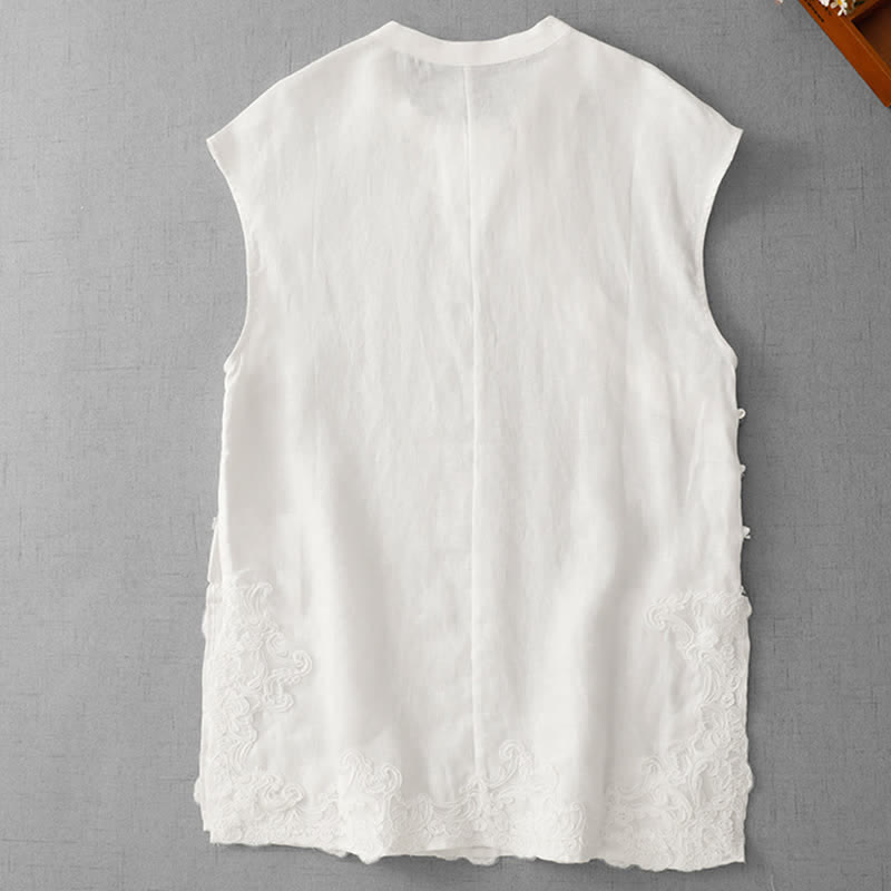 Nimara Ritual Chinese Frog-Button Lace Patchwork Design Stand Collar Women's Cotton Sleeveless Vest