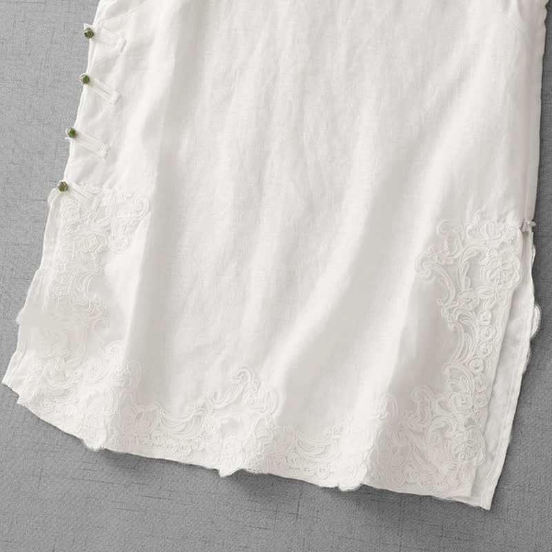 Nimara Ritual Chinese Frog-Button Lace Patchwork Design Stand Collar Women's Cotton Sleeveless Vest