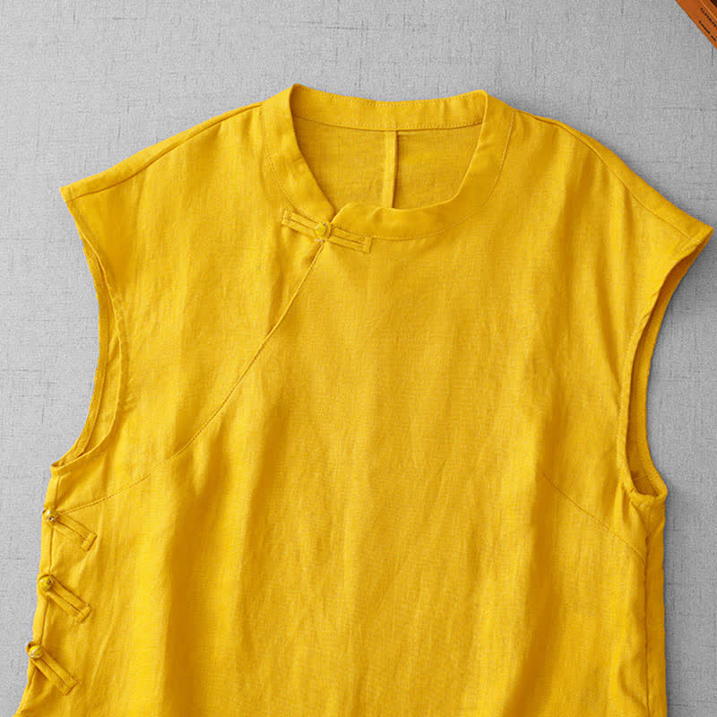 Nimara Ritual Chinese Frog-Button Lace Patchwork Design Stand Collar Women's Cotton Sleeveless Vest