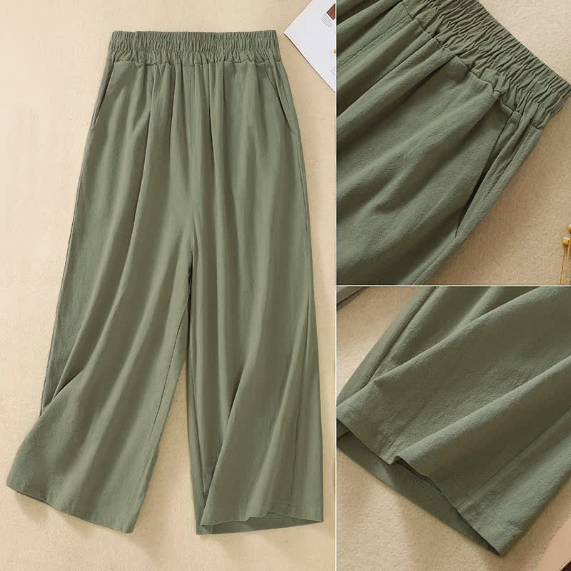 Nimara Ritual High Waist Capri Cropped Women's Wide Leg Cotton Pants With Pockets