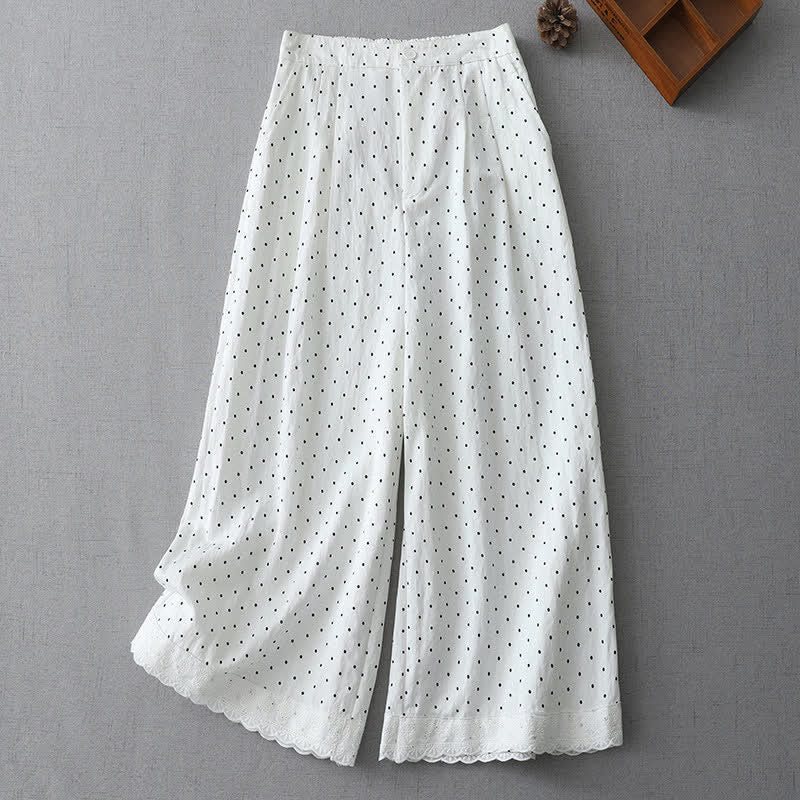 Nimara Ritual Polka Dot Lace Patchwork Cotton Women's Wide Leg Capri Pants With Pockets