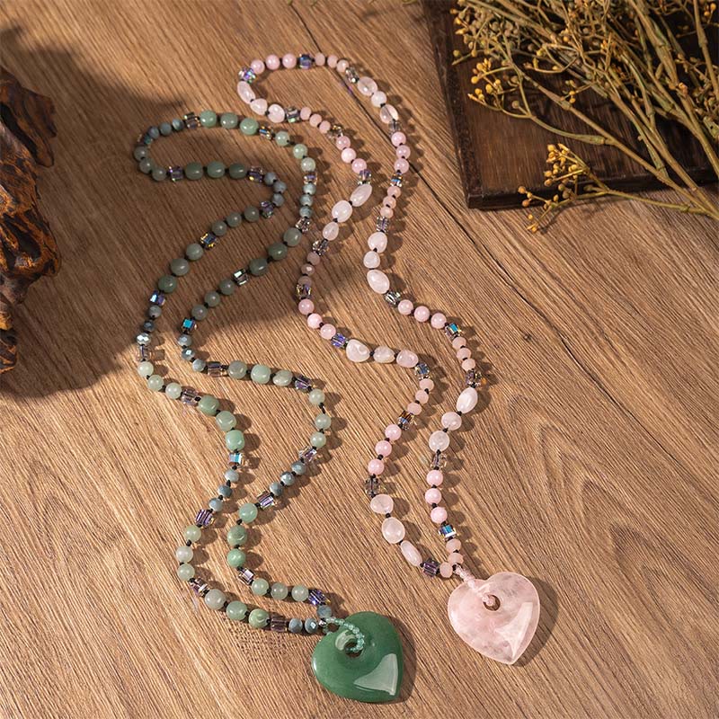 Nimara Ritual Rose Quartz Green Aventurine Love Heart Beads Luck Necklace Pendant